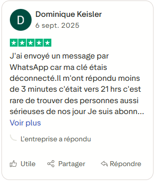 Avis client mettant en avant la réactivité du support technique et le professionnalisme du service.