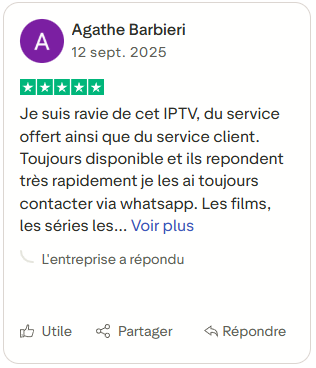 Avis client satisfait sur la qualité du service de streaming et du support rapide via WhatsApp.