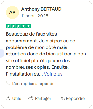 Avis client confirmant l’utilisation du site officiel et la fiabilité du service proposé.