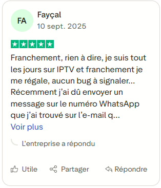 Avis client sur une application fluide et stable, sans bugs, avec un support réactif et professionnel.